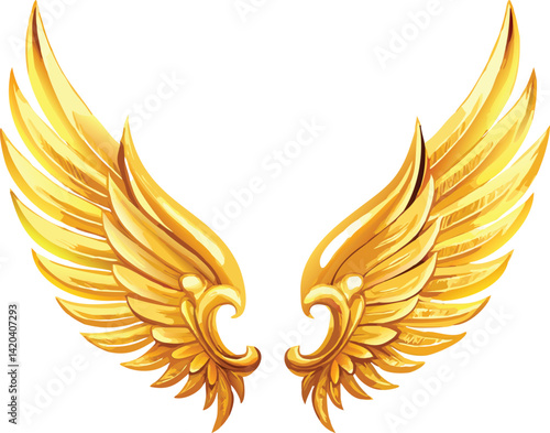 Pair of Golden Ornate Wings Isolated on White Background