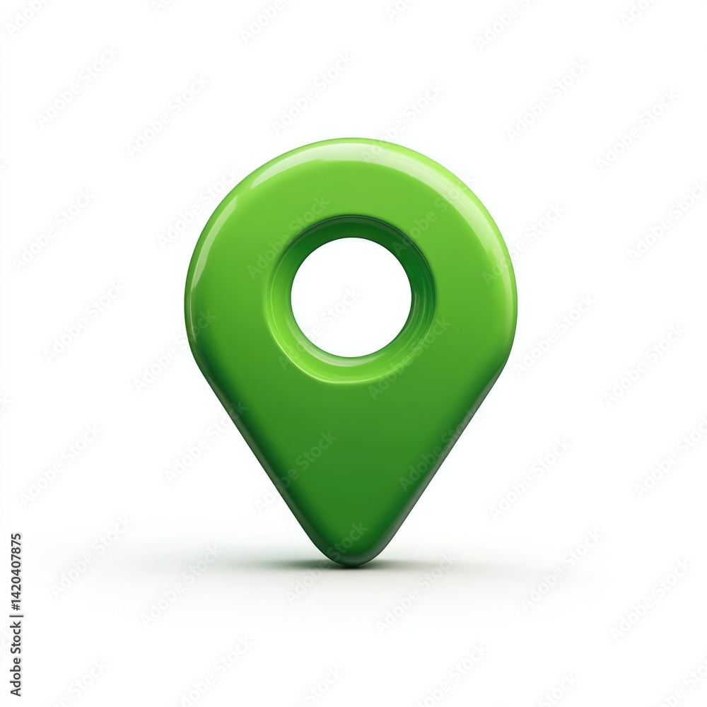 A single green location pin with a hole in the center on white background A single green location pin with a hole in the center on white background