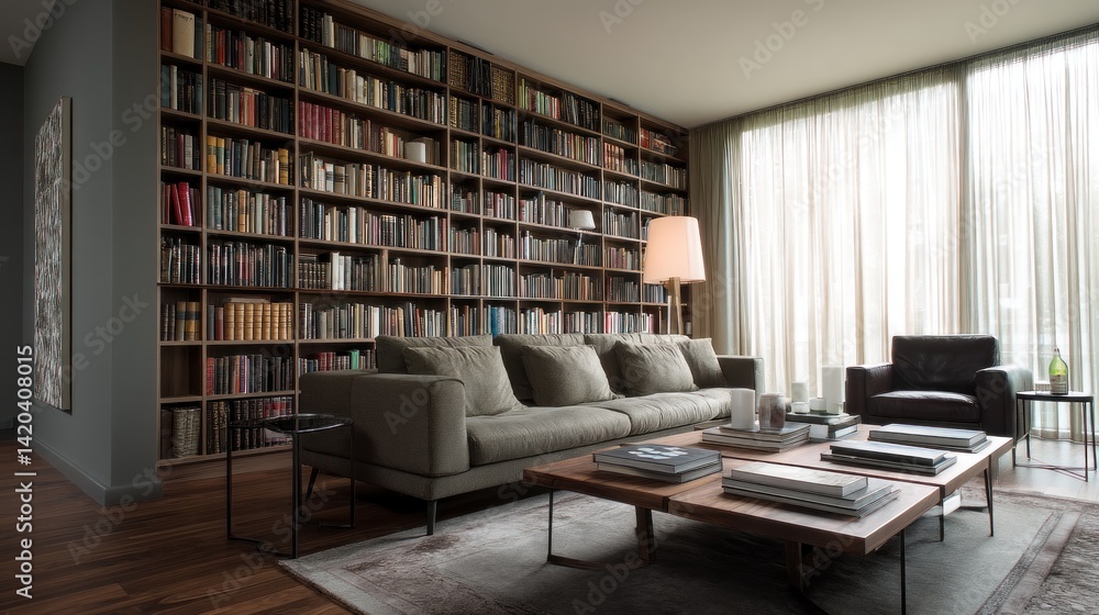 Modern living room with book wall and invisible shelf Modern living room with book wall and invisible shelf