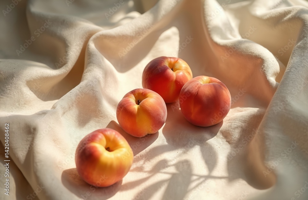 Aesthetic still life with ripe peaches on beige linen fabric. Natural sunlight shadows create a soft mood. Concept of healthy eating lifestyle, fresh ingredients, vegan food, natural vitamins.