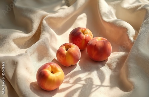Aesthetic still life with ripe peaches on beige linen fabric. Natural sunlight shadows create a soft mood. Concept of healthy eating lifestyle, fresh ingredients, vegan food, natural vitamins.
