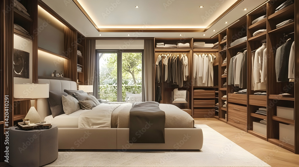Luxury bedroom featuring a custom-built closet system. Luxury bedroom featuring a custom-built closet system.
