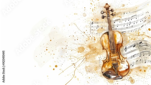 Elegant watercolor violin with musical notes for artistic design