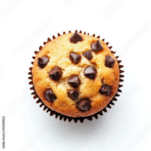 A single chocolate chip muffin in a brown paper cup on a plain white surface from an overhead view