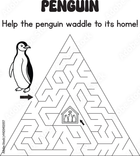 A triangular maze challenges kids to guide a penguin to its family house. Black and white illustration simple lines fun activity.