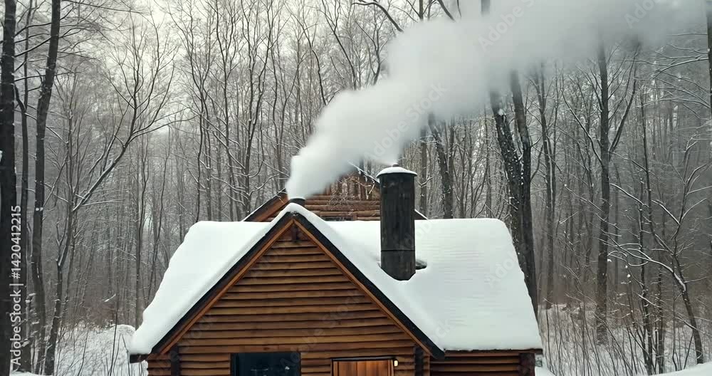 Cozy wooden cabin in snowy forest with smoke rising from chimney Cozy wooden cabin in snowy forest with smoke rising from chimney