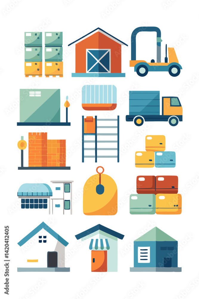 Assorted Commercial Buildings, Forklift, Warehousing Illustrated Vector Icon Set Assorted Commercial Buildings, Forklift, Warehousing Illustrated Vector Icon Set