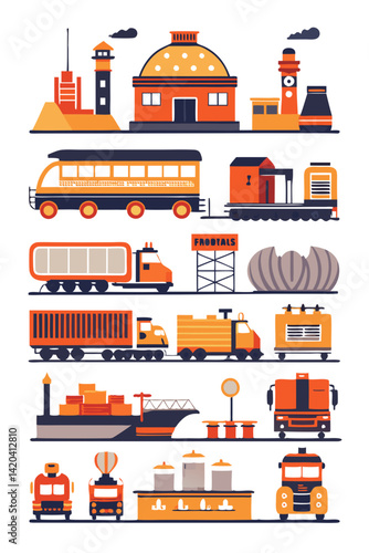 Stylized Cityscape Illustration with Infrastructure, Transport, and Industry