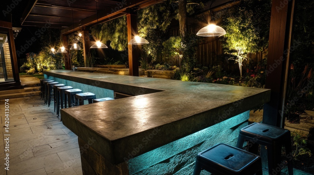 Fototapeta premium Modern outdoor bar with cement countertops and mood lights 