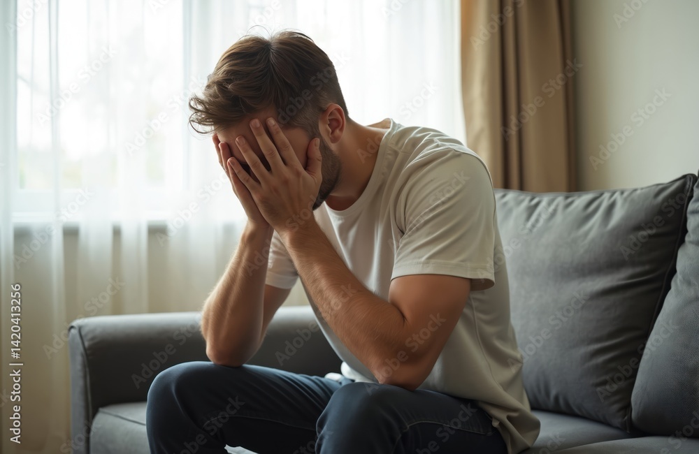 Sad man sitting alone on sofa at home. Depressed young male covering face with hands. Male in casual attire suffering from stress and problems. Mental health, psychology concept. Sad man sitting alone on sofa at home. Depressed young male covering face with hands. Male in casual attire suffering from stress and problems. Mental health, psychology concept.