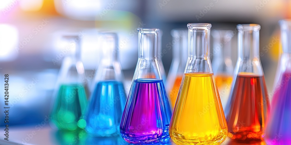 chemical engineering concept with vials of colorful scientific liquids chemical engineering concept with vials of colorful scientific liquids