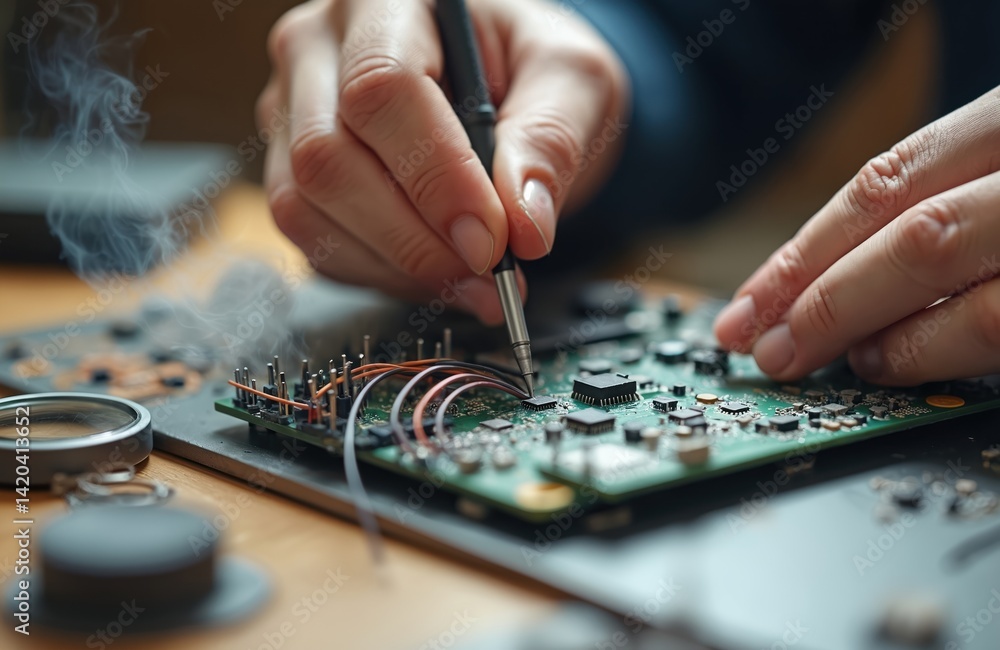 Close-up of technician soldering electronic components. Hand soldering circuit board with soldering iron. Electronics repair, tech work, computer hardware maintenance. Welding detail, tech hobby.