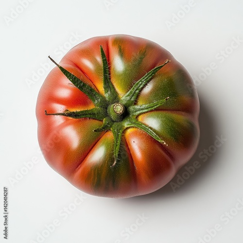 Close up of a large heirloom tomato on a white surface top view shot