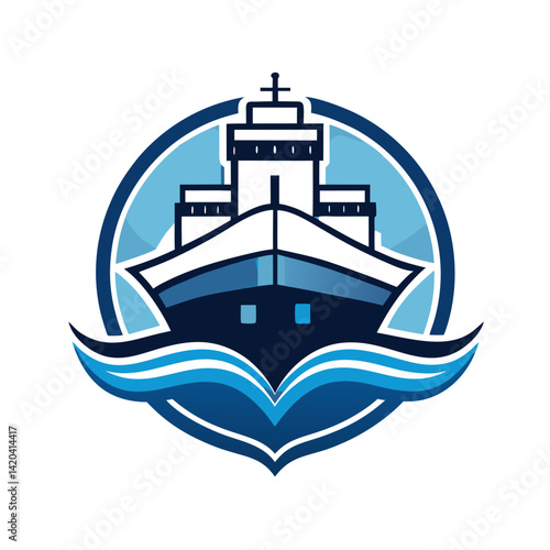 Ship vessel vector logo emblem with ocean waves
