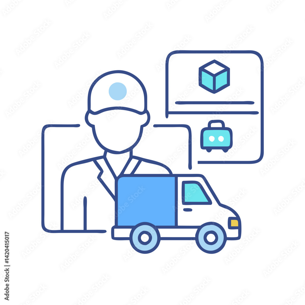 Delivery service icon, courier with goods and truck Delivery service icon, courier with goods and truck