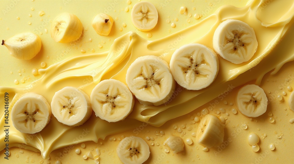 Sliced bananas arranged on a smooth yellow surface with banana puree. Bright fruit composition. Food background in yellow tones. Desktop wallpaper.