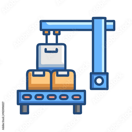 Automated conveyor belt with packages and robotic arm