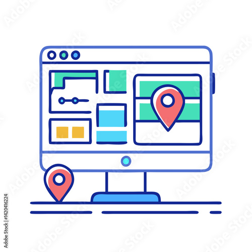Digital map location on computer screen, black background