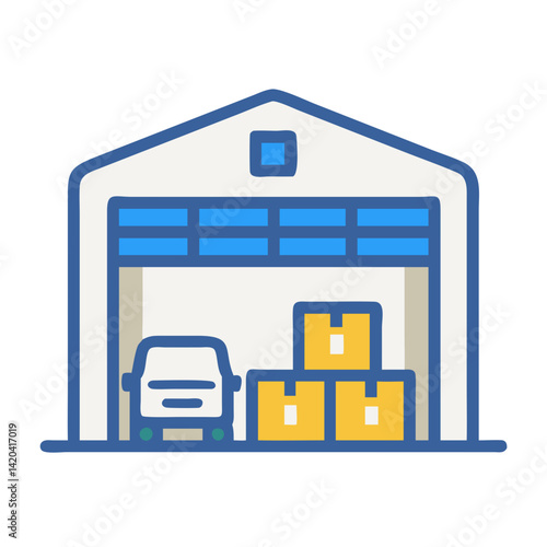 Warehouse with Delivery Vehicle and Stacked Boxes