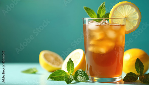 Refreshing iced tea with lemon mint garnish. Summer beverage in glass with ice. Perfect for National Iced Tea Month. Iced tea beverage concept for restaurant bar menu promotion. Drink for hot summer