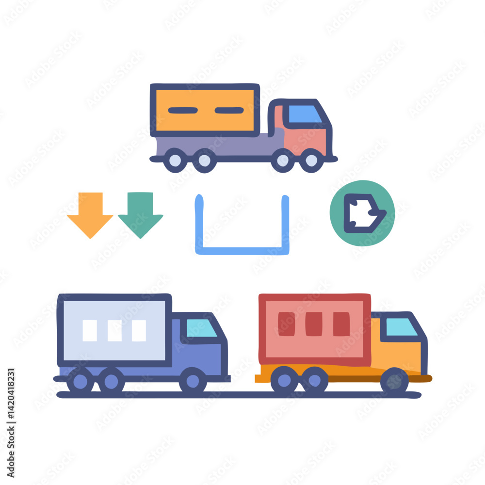 Recycling Process with Trucks and Arrows Icon Vector Recycling Process with Trucks and Arrows Icon Vector