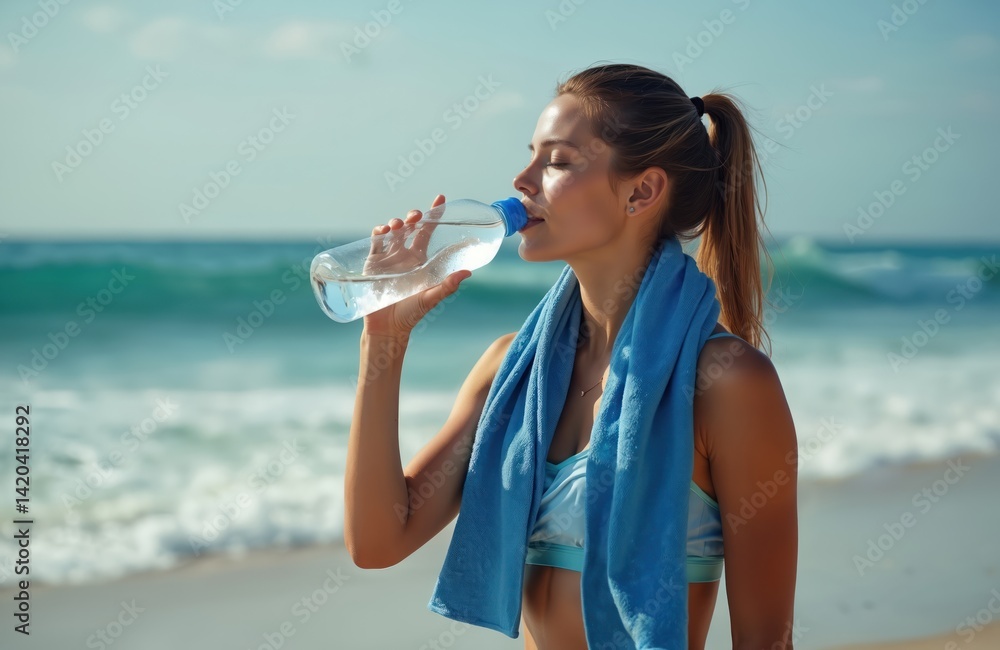 Young woman in sportswear drinks water from bottle at beach. Blue towel around her neck, waves crashing behind. Health lifestyle, fitness, summer, outdoors activity. Refreshing beverage after workout.