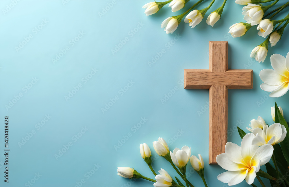 Wooden cross, spring flowers blue background. Religious holiday Easter, Christian faith, resurrection symbol, christianity. Spiritual faith, hope, peace, love concept.
