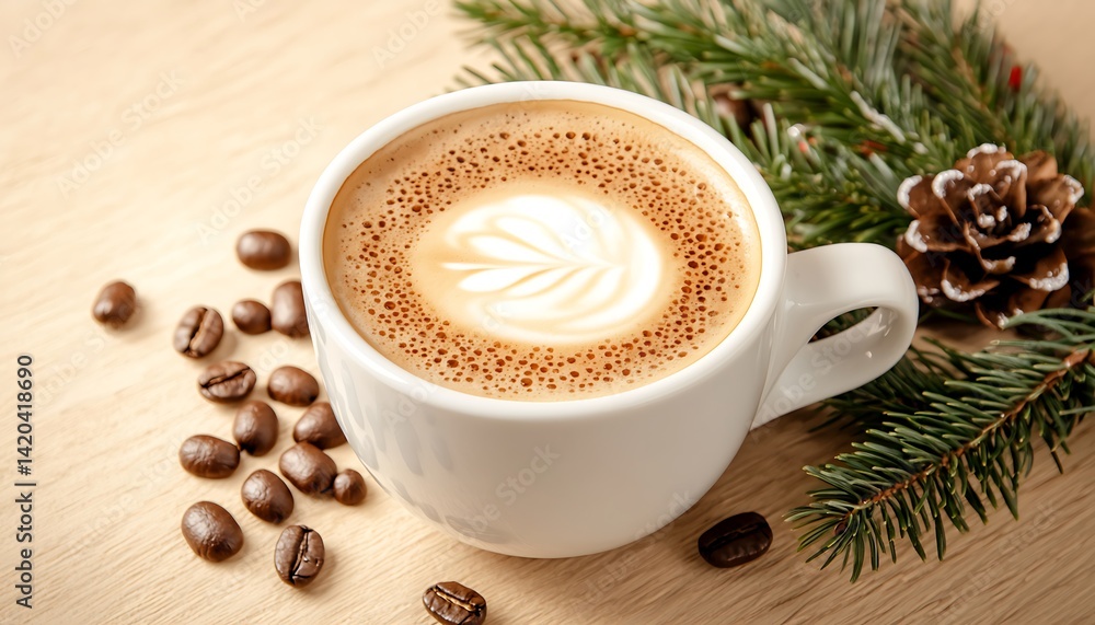 Festive Latte on Wooden Table Festive Latte on Wooden Table