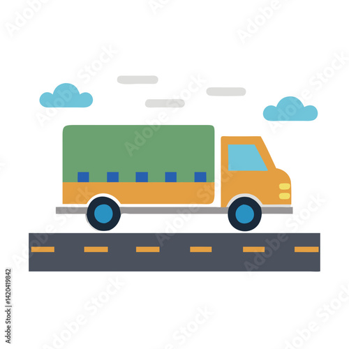 Cartoon truck driving on road with clouds overhead