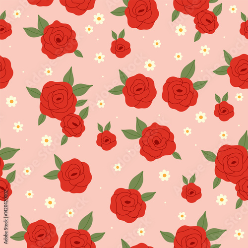 Seamless pattern with red roses and daisies. Vector graphics