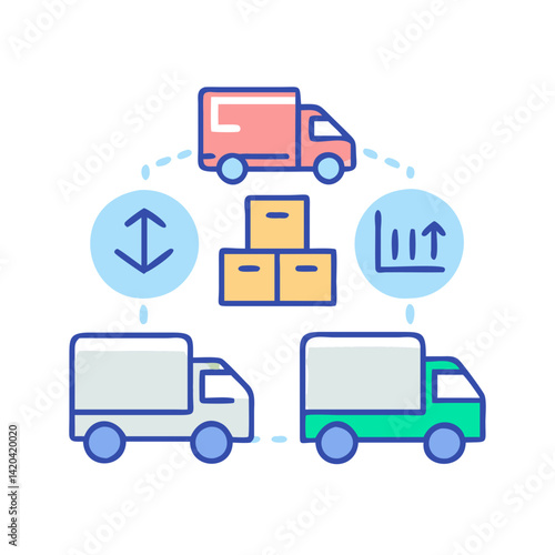 Shipping logistics network with trucks, boxes and graph icons