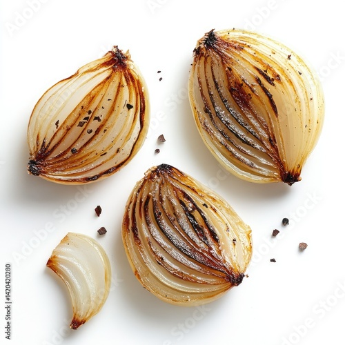 Close up of three roasted onion halves and one slice on white surface