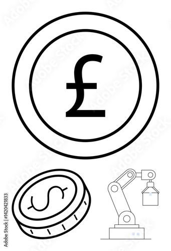 Coin with pound sign, coin with dollar sign, robotic arm lifting block. Ideal for technology, automation, finance, global economy, currency systems, industry simple landing page