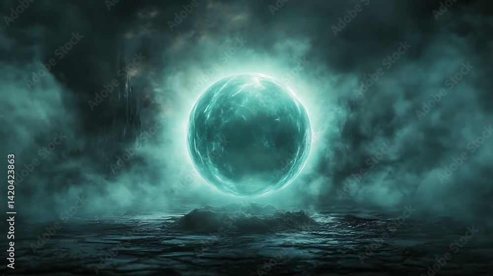 Glowing Orb in Misty, Cracked-Earth Setting Glowing Orb in Misty, Cracked-Earth Setting