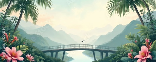 Hand-drawn tropical landscape wallpaper. Exotic jungle with palm trees, bridge, mountains, flowers. Nature illustration for travel, vacation, home decor, wall murals, interior design. Soft colors,