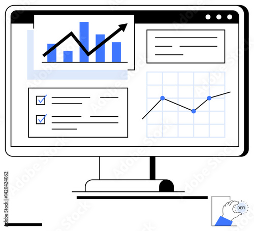 Monitor displaying analytics graphs, bar chart, task checklist, and trend data for insights. Ideal for analytics, business, finance, productivity, planning tracking and simple landing page