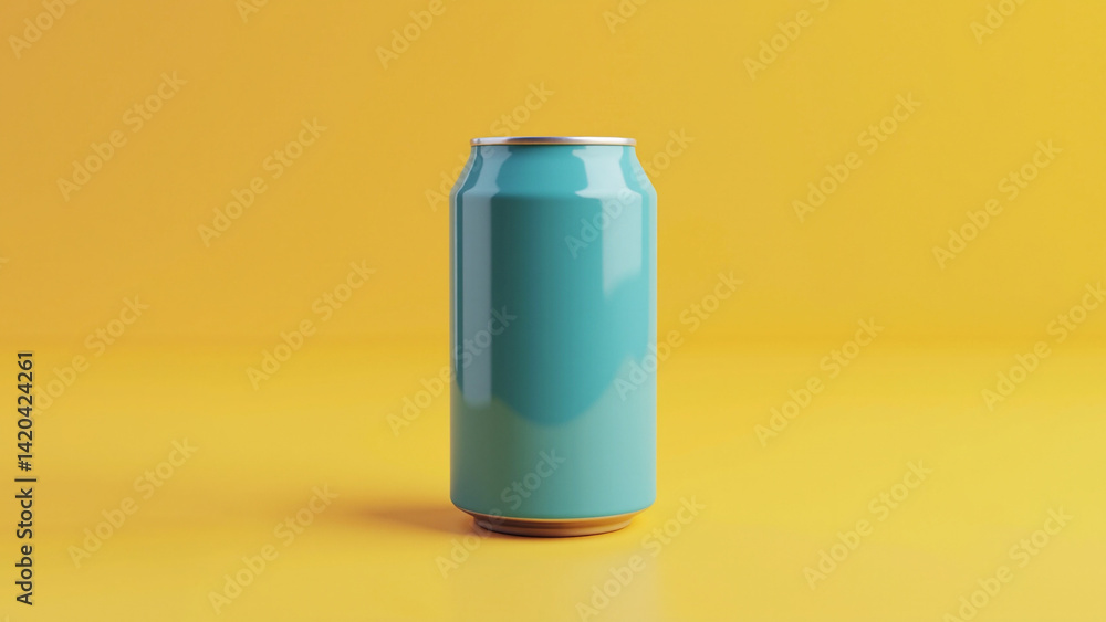 Turquoise aluminum beverage can mockup on vibrant yellow background, blank drink packaging for branding and product design presentation
Turquoise aluminum beverage can mockup on vibrant yellow background, blank drink packaging for branding and product design presentation