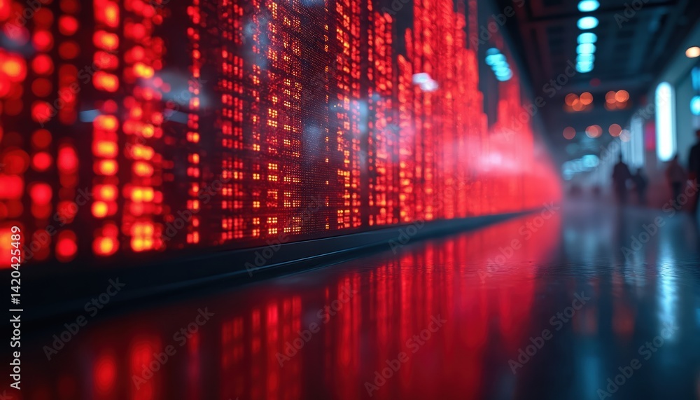 Red data streams down stock ticker display. Market volatility, digital finance tech, financial data reflects on polished floor. Business information, investment, trading, digital transformation. Red data streams down stock ticker display. Market volatility, digital finance tech, financial data reflects on polished floor. Business information, investment, trading, digital transformation.