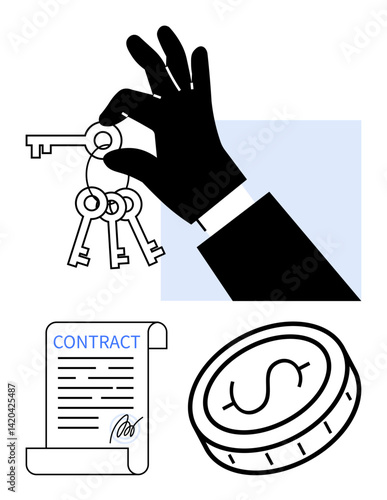 Hand holding keys, contract with a signature, and coin symbolize property transactions, investments, and deals. Ideal for real estate, finance, legal services, leasing agreements investments