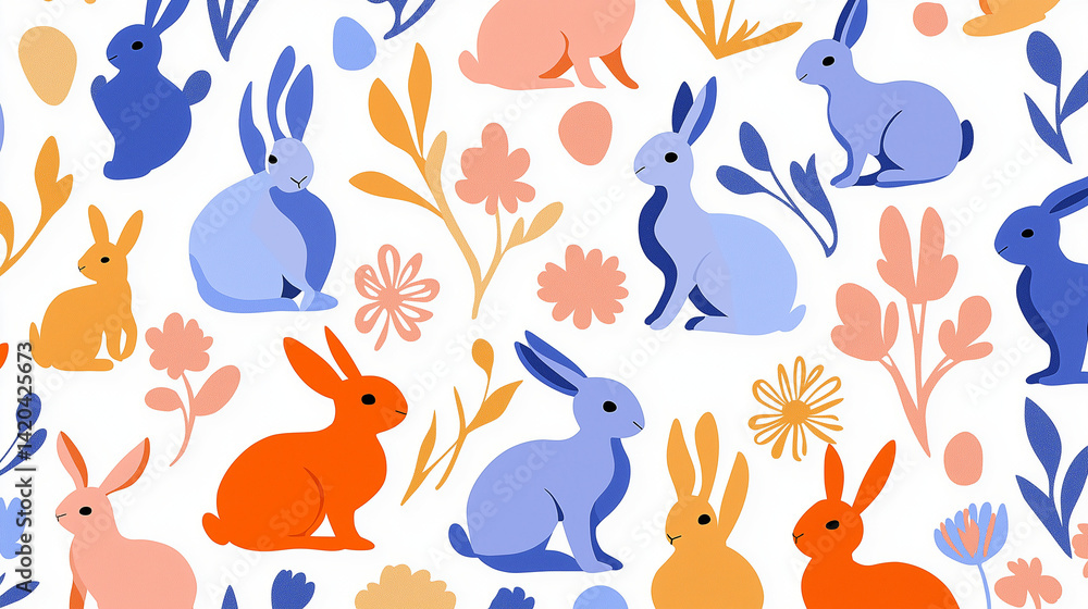 Fototapeta premium Colorful rabbit pattern with floral elements in spring theme design