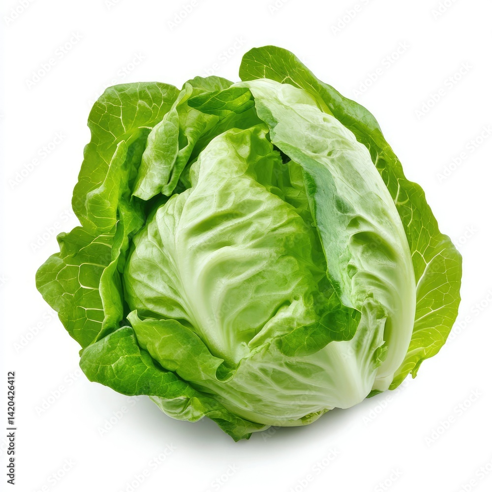 A single head of butter lettuce on a plain white background surface A single head of butter lettuce on a plain white background surface