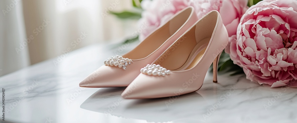 Elegant blush pink heels adorned with pearls, nestled among romantic peonies Elegant blush pink heels adorned with pearls, nestled among romantic peonies