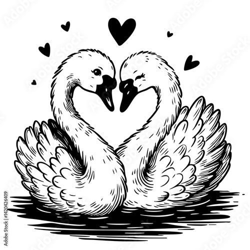 couple swan, sketch engraving, vector illustration. Scratch board. Black and white image.