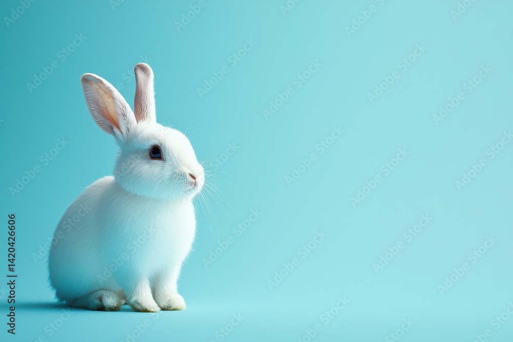 Adorable white rabbit sitting against a light blue studio background Adorable white rabbit sitting against a light blue studio background