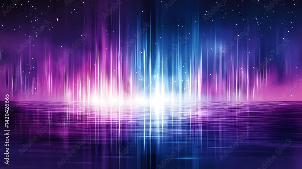 Abstract depiction of colorful light waves reflecting on water under a starry sky. Abstract depiction of colorful light waves reflecting on water under a starry sky.