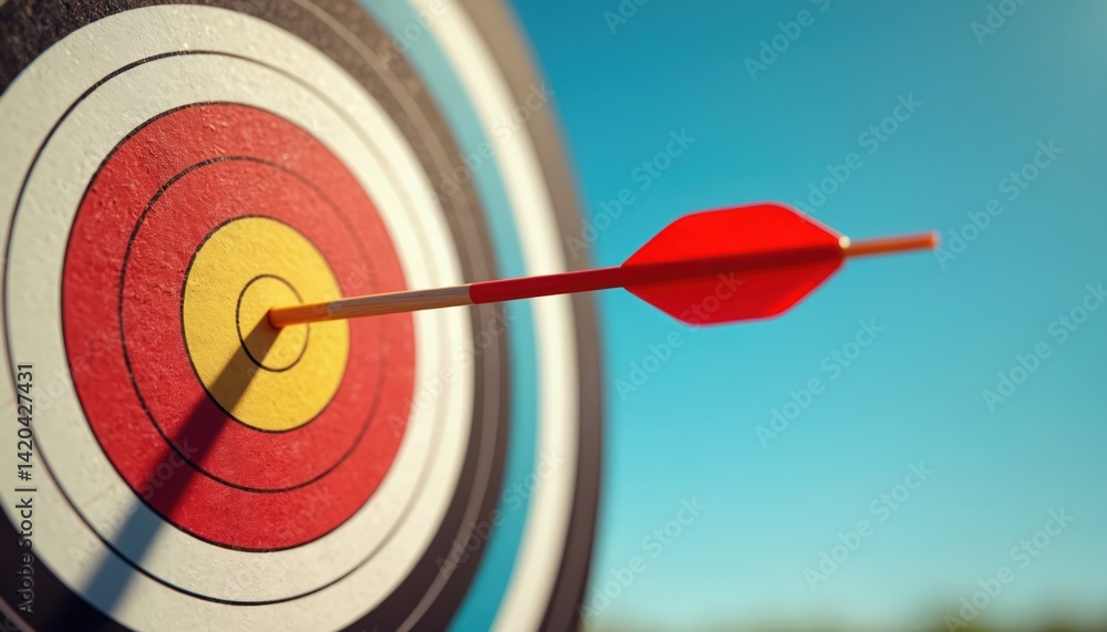 Red arrow hits bullseye target. Success, achievement of goals, precision in business, sports. Competition concept. Accurate shot, winner achievement in competition. Goal achievement metaphor.