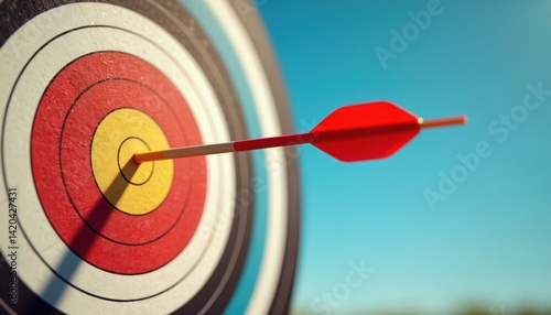 Obraz na płótnie Red arrow hits bullseye target. Success, achievement of goals, precision in business, sports. Competition concept. Accurate shot, winner achievement in competition. Goal achievement metaphor. w salonie