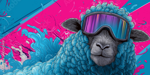 Stylish black sheep in rainbow goggles snowboarding through bright blue and pink splash background
