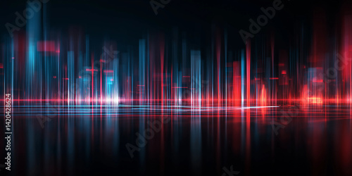 Futuristic digital skyline with glowing red and blue light bars on a reflective black background
