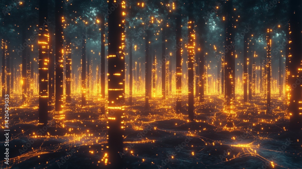 Naklejka premium A mystical forest scene illuminated by glowing orange lights, creating a magical atmosphere. Tall trees stand amidst a shimmering ground, evoking a sense of wonder and fantasy.